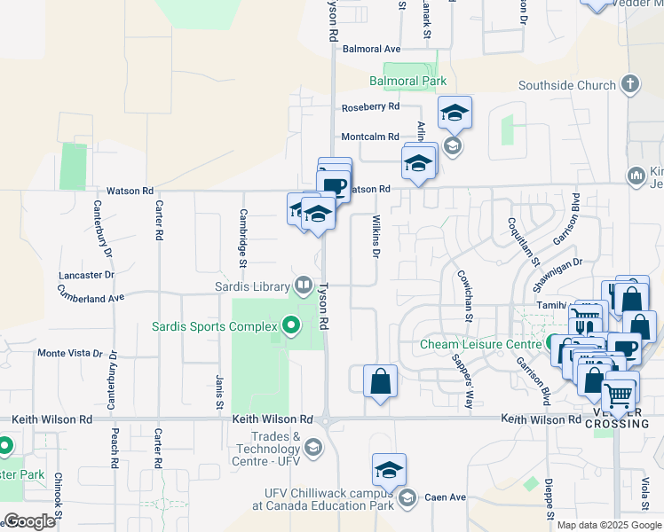 map of restaurants, bars, coffee shops, grocery stores, and more near 5868 Tyson Road in Chilliwack
