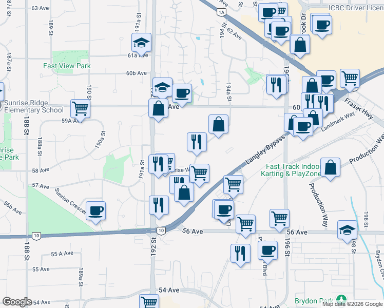 map of restaurants, bars, coffee shops, grocery stores, and more near 19331 Enterprise Way in Surrey