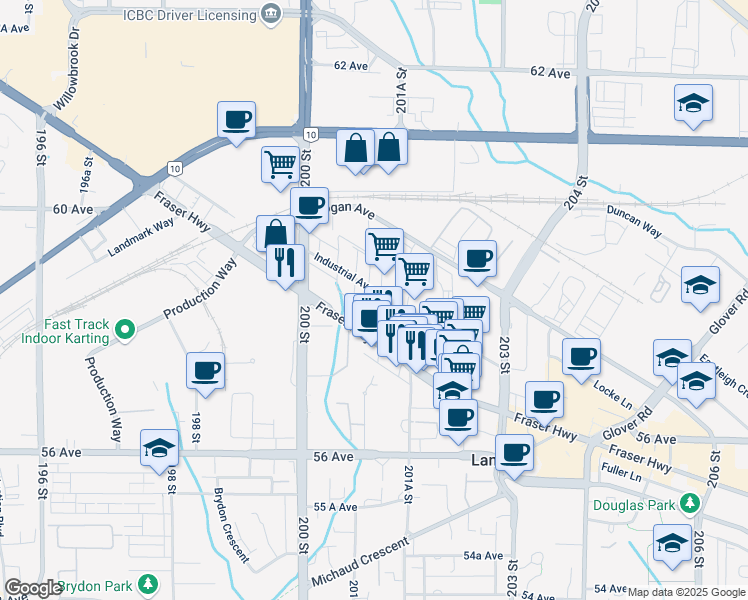 map of restaurants, bars, coffee shops, grocery stores, and more near 20130 Industrial Avenue in Langley