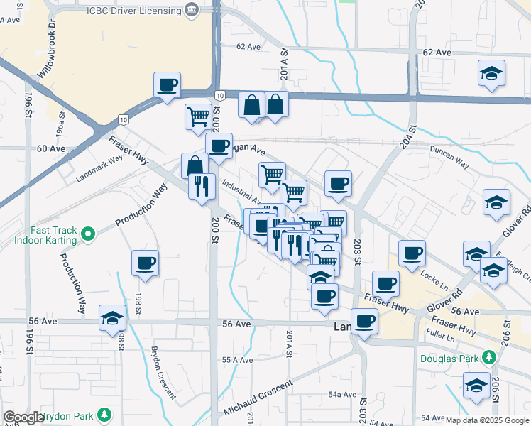 map of restaurants, bars, coffee shops, grocery stores, and more near 20130 Industrial Avenue in Langley