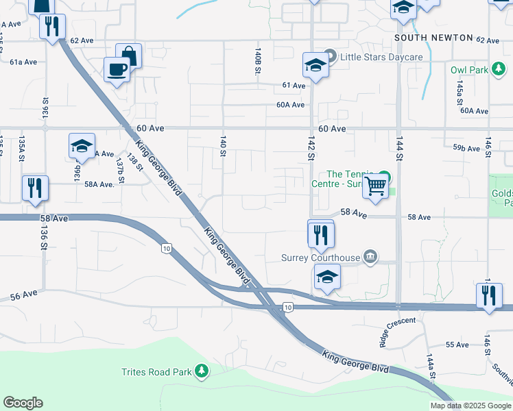 map of restaurants, bars, coffee shops, grocery stores, and more near 5808 140A Place in Surrey