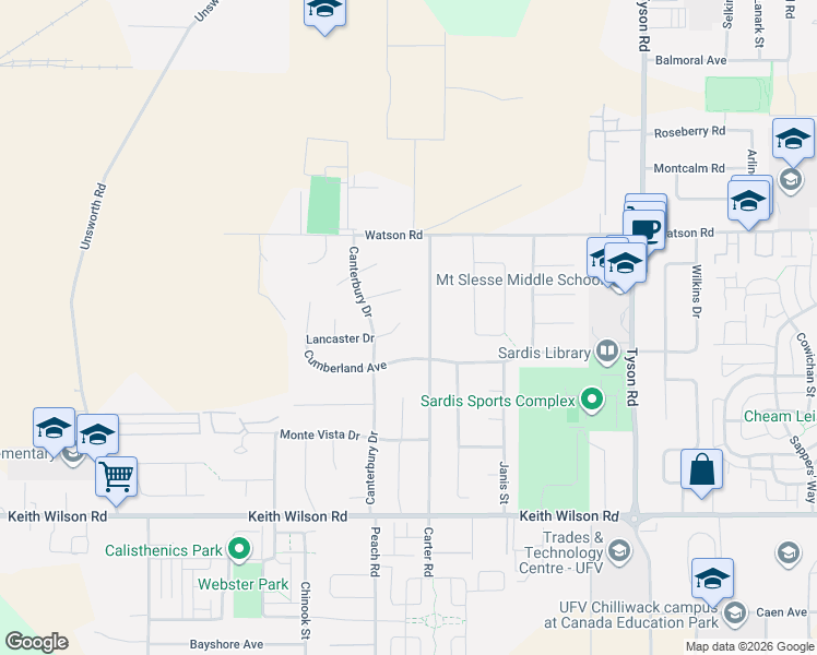 map of restaurants, bars, coffee shops, grocery stores, and more near 44756 Lancaster Drive in Chilliwack