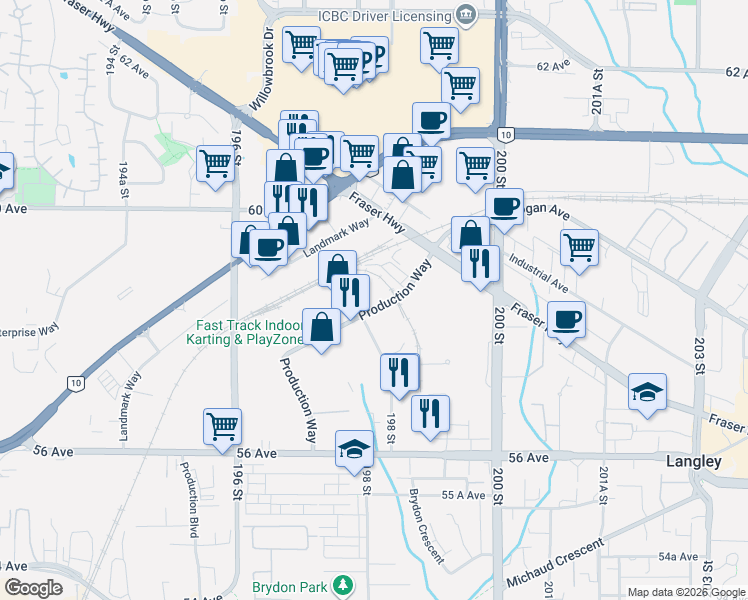 map of restaurants, bars, coffee shops, grocery stores, and more near 5827 Production Way in Langley