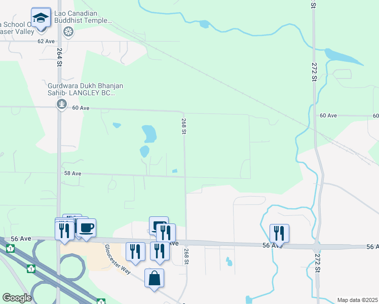 map of restaurants, bars, coffee shops, grocery stores, and more near 5880 268 Street in Langley