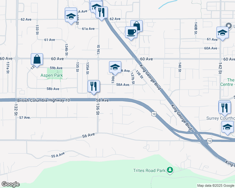 map of restaurants, bars, coffee shops, grocery stores, and more near 13698 58 Avenue in Surrey