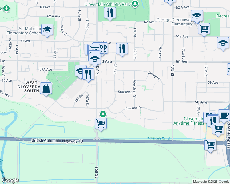 map of restaurants, bars, coffee shops, grocery stores, and more near 58a Ave & 169 St in Surrey