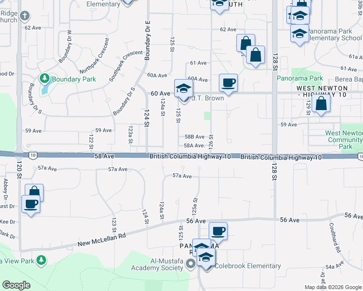 map of restaurants, bars, coffee shops, grocery stores, and more near 12502 58A Avenue in Surrey