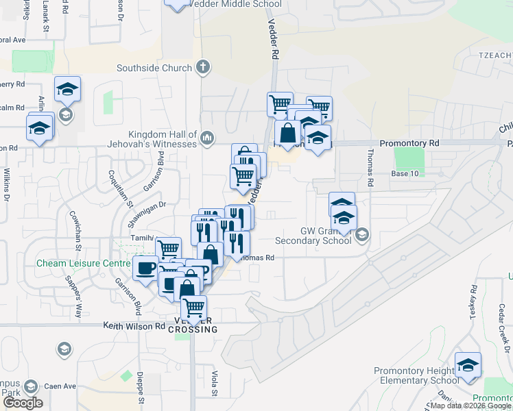 map of restaurants, bars, coffee shops, grocery stores, and more near 5840 Vedder Road in Chilliwack