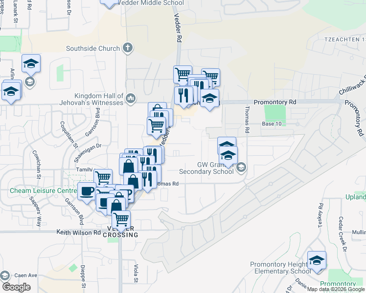 map of restaurants, bars, coffee shops, grocery stores, and more near 5840 Vedder Road in Chilliwack
