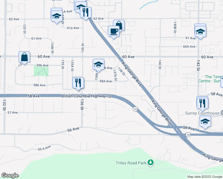 map of restaurants, bars, coffee shops, grocery stores, and more near 13732 58 Avenue in Surrey