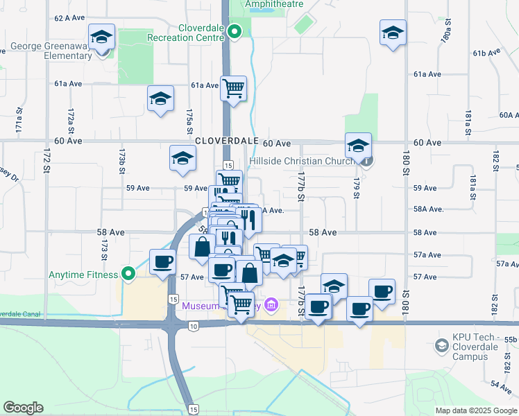 map of restaurants, bars, coffee shops, grocery stores, and more near 17678 58A Avenue in Surrey