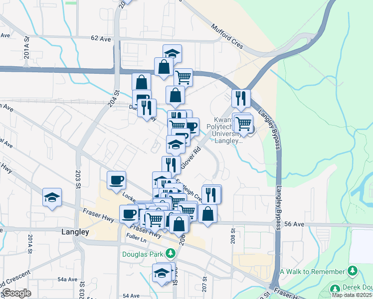 map of restaurants, bars, coffee shops, grocery stores, and more near 5765 Glover Road in Langley