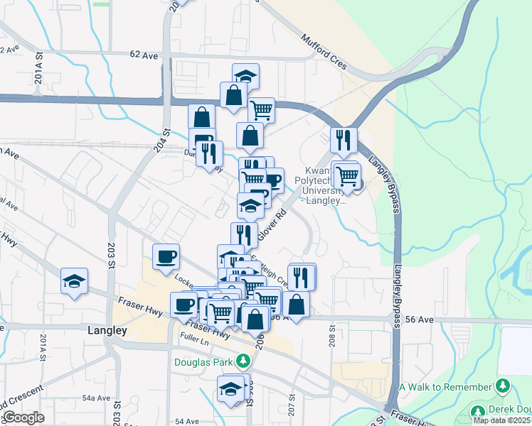 map of restaurants, bars, coffee shops, grocery stores, and more near 5759 Glover Road in Langley