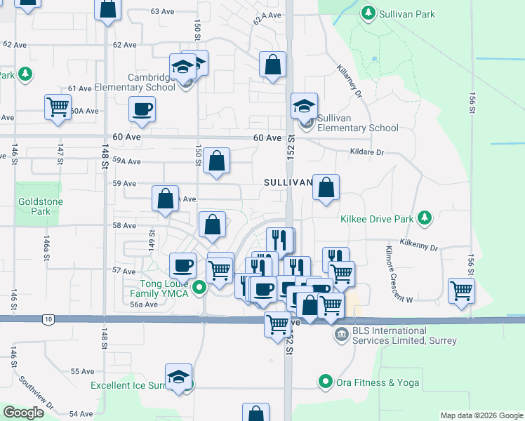 map of restaurants, bars, coffee shops, grocery stores, and more near 5839 Panorama Drive in Surrey