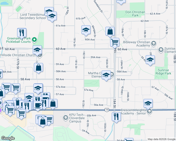 map of restaurants, bars, coffee shops, grocery stores, and more near 18222 58B Avenue in Surrey