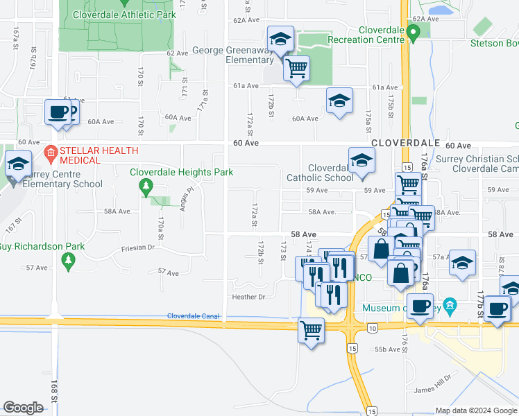 map of restaurants, bars, coffee shops, grocery stores, and more near 5858 172A Street in Surrey