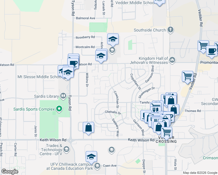 map of restaurants, bars, coffee shops, grocery stores, and more near 5851 Cowichan Street in Chilliwack