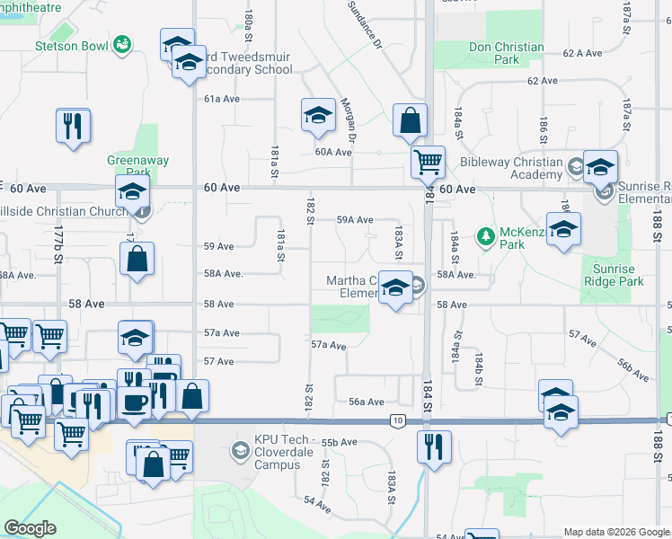 map of restaurants, bars, coffee shops, grocery stores, and more near in Surrey