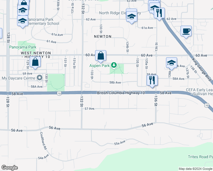 map of restaurants, bars, coffee shops, grocery stores, and more near 13366 58B Avenue in Surrey