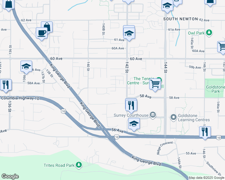 map of restaurants, bars, coffee shops, grocery stores, and more near 14150 58A Avenue in Surrey