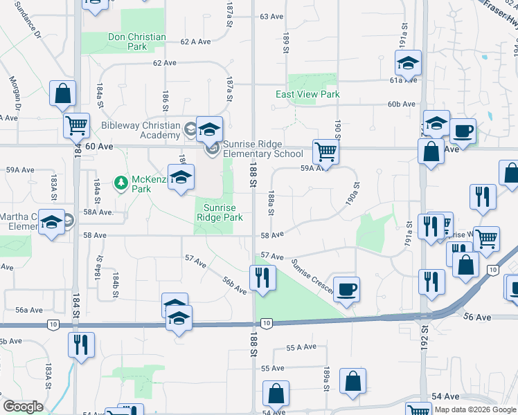 map of restaurants, bars, coffee shops, grocery stores, and more near 5860 188 Street in Surrey
