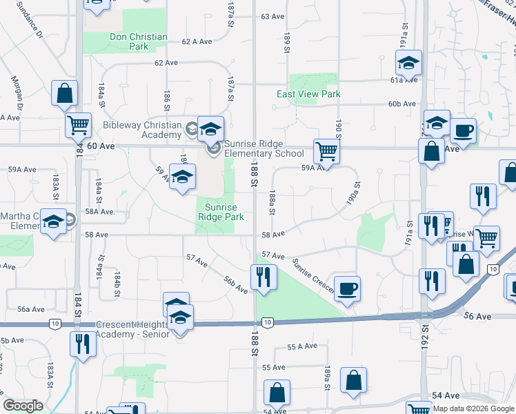 map of restaurants, bars, coffee shops, grocery stores, and more near 5836 188 Street in Surrey