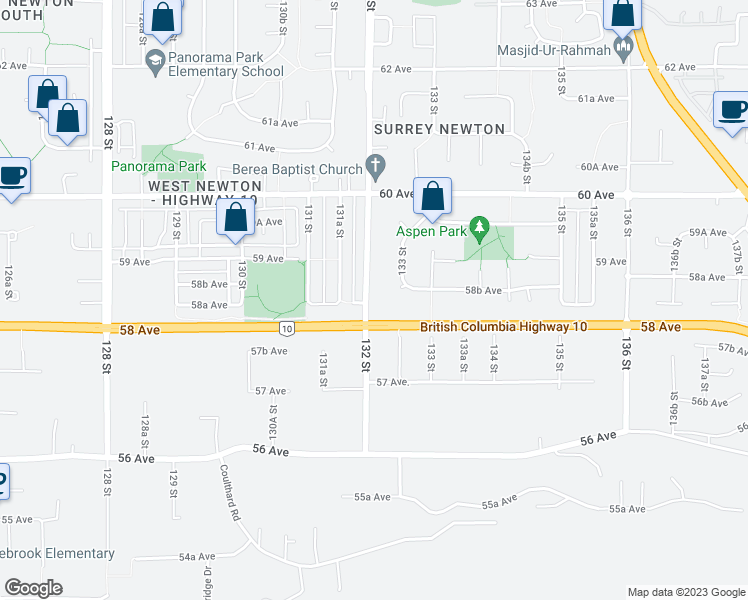 map of restaurants, bars, coffee shops, grocery stores, and more near 5822 132 Street in Surrey
