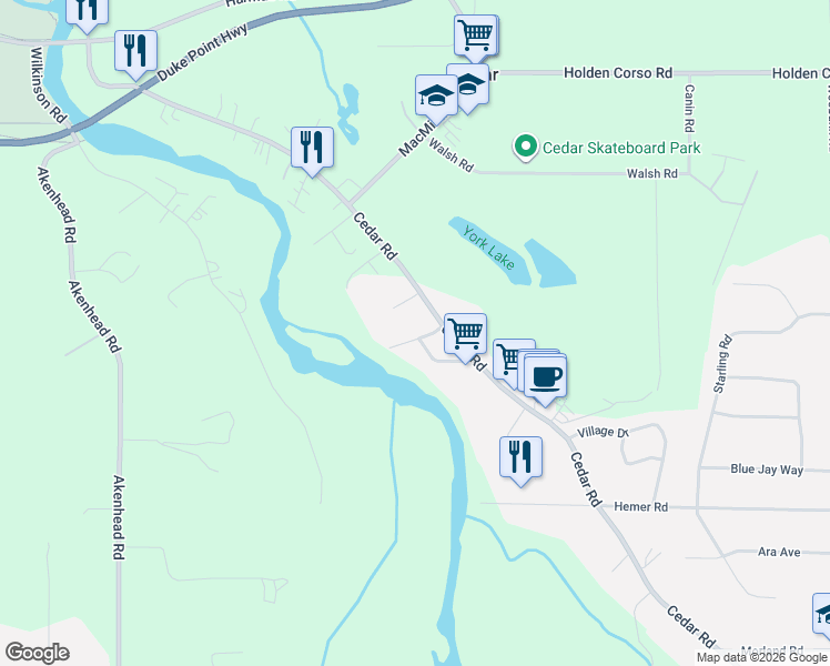 map of restaurants, bars, coffee shops, grocery stores, and more near Burchell Road in Nanaimo