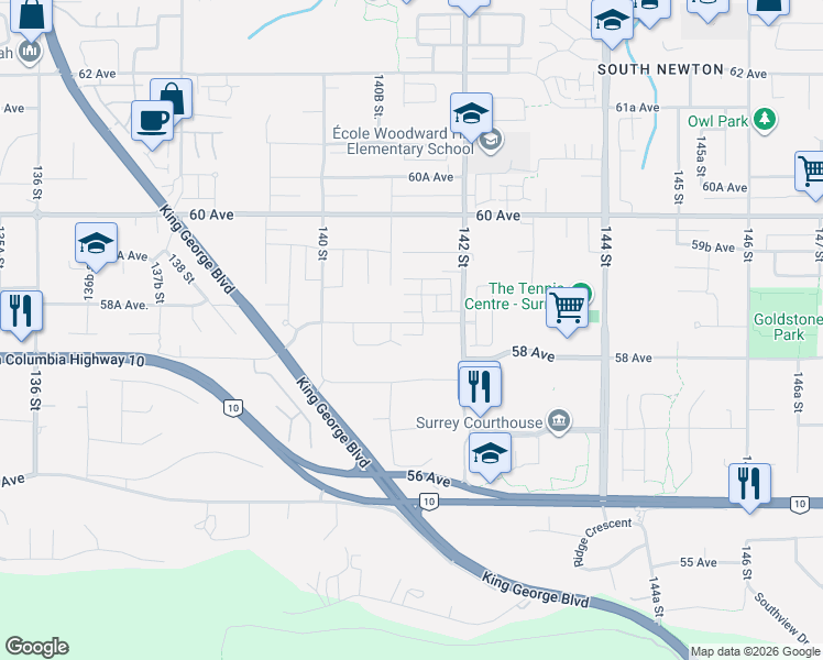map of restaurants, bars, coffee shops, grocery stores, and more near 14150 58A Avenue in Surrey