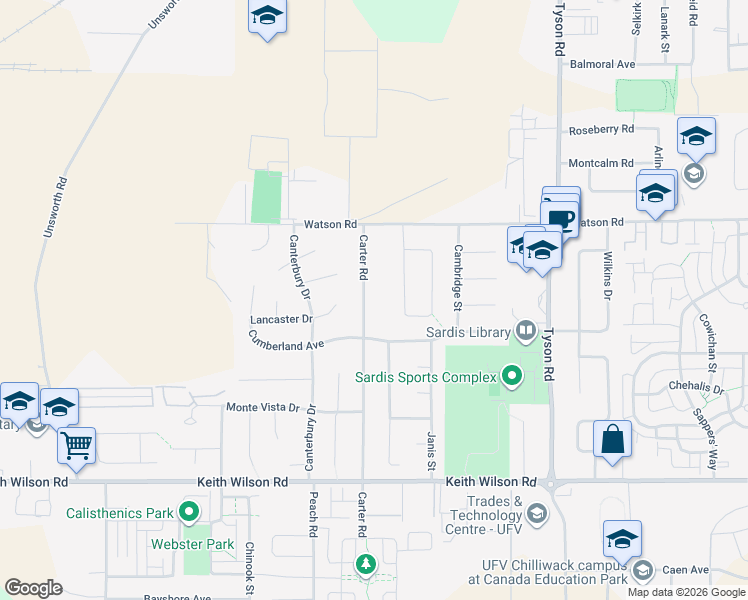 map of restaurants, bars, coffee shops, grocery stores, and more near 5896 Carter Road in Chilliwack