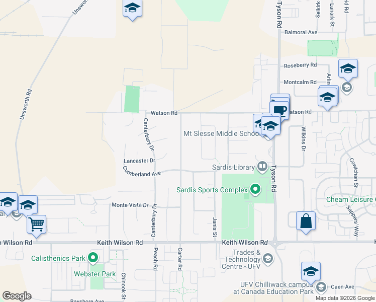 map of restaurants, bars, coffee shops, grocery stores, and more near 5890 Carter Road in Chilliwack