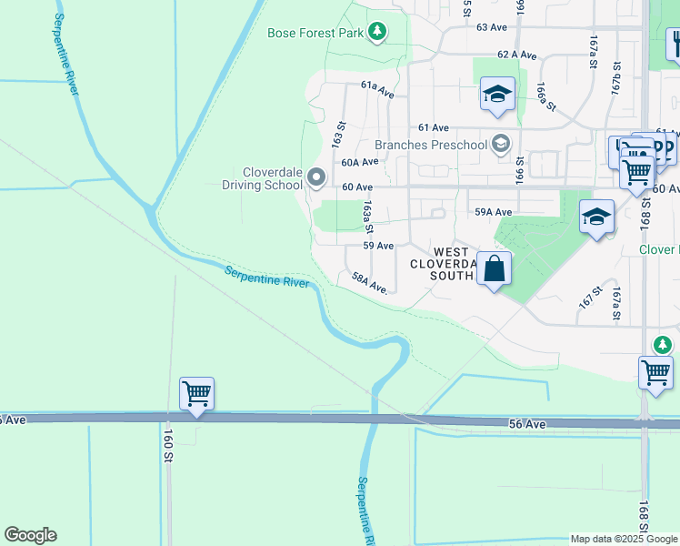 map of restaurants, bars, coffee shops, grocery stores, and more near 16266 58A Avenue in Surrey