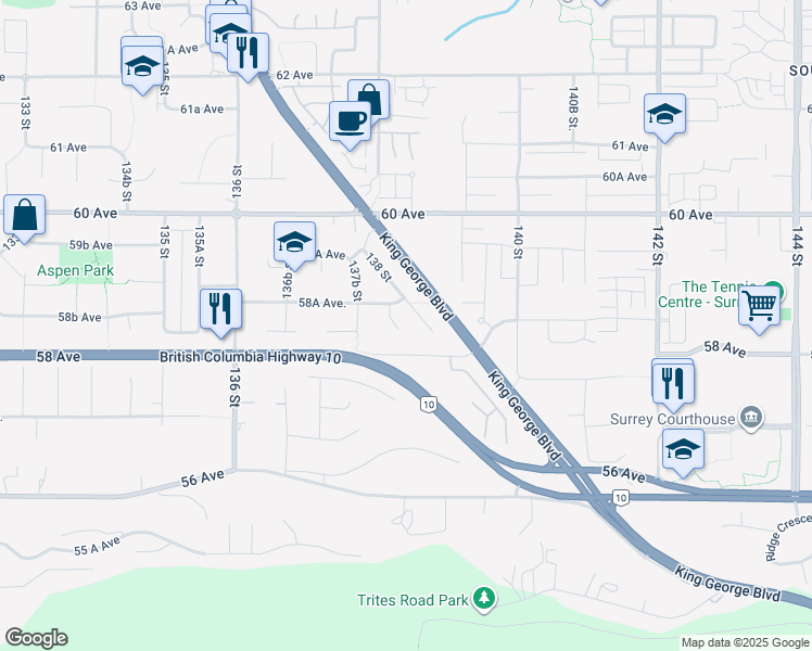 map of restaurants, bars, coffee shops, grocery stores, and more near 5826 138 Street in Surrey