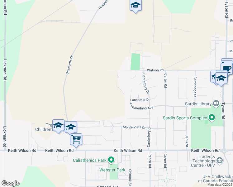 map of restaurants, bars, coffee shops, grocery stores, and more near 44594 A Watson Road in Chilliwack