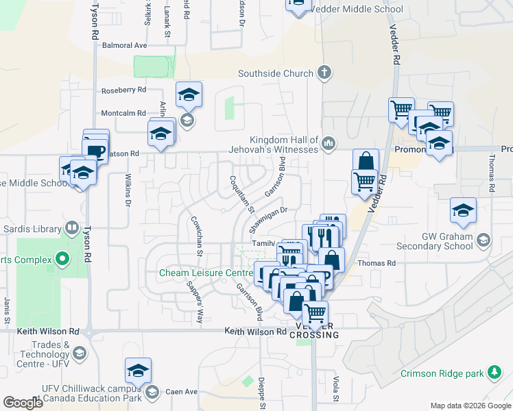 map of restaurants, bars, coffee shops, grocery stores, and more near 5866 Garrison Boulevard in Chilliwack