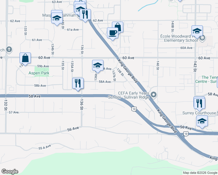 map of restaurants, bars, coffee shops, grocery stores, and more near 13739 58 Avenue in Surrey