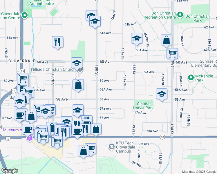 map of restaurants, bars, coffee shops, grocery stores, and more near 18065 58A Avenue in Surrey