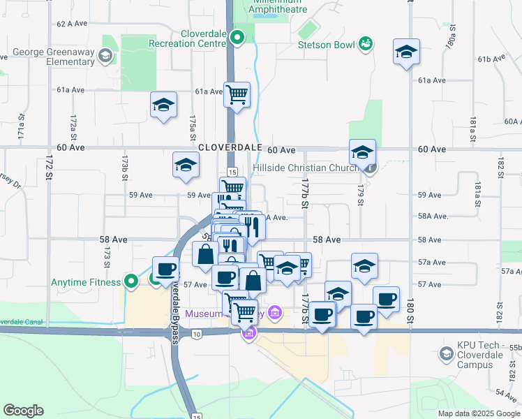 map of restaurants, bars, coffee shops, grocery stores, and more near 17661 58A Avenue in Surrey