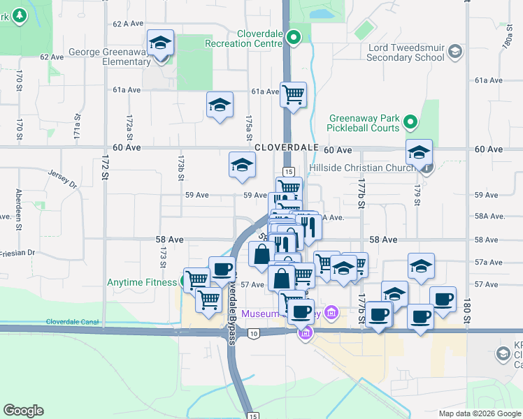 map of restaurants, bars, coffee shops, grocery stores, and more near 17575 58A Avenue in Surrey