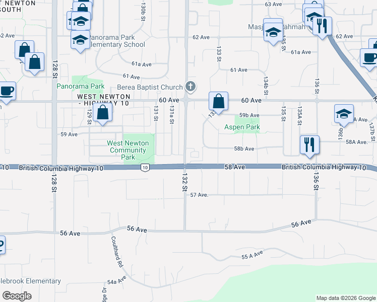 map of restaurants, bars, coffee shops, grocery stores, and more near 5858 132 Street in Surrey