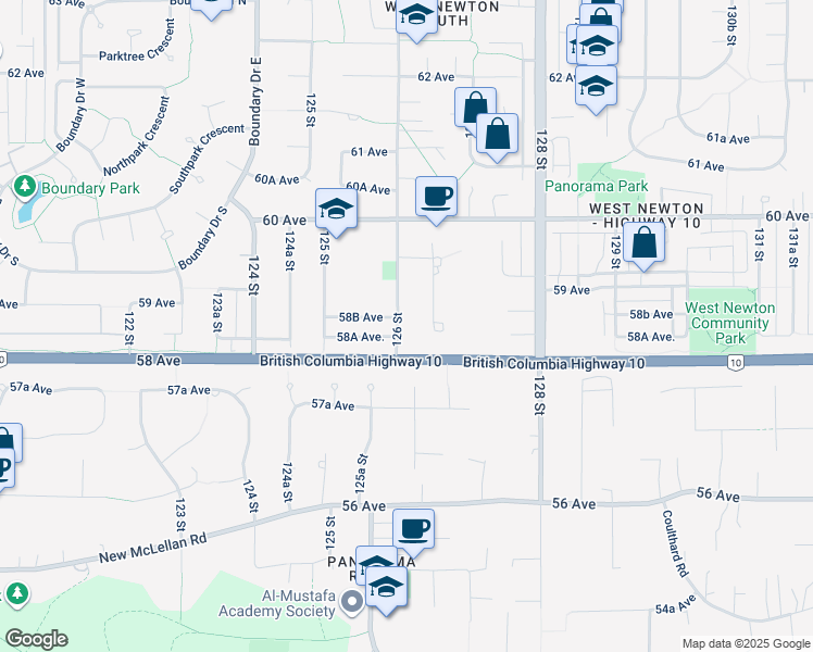 map of restaurants, bars, coffee shops, grocery stores, and more near 5866 126 Street in Surrey