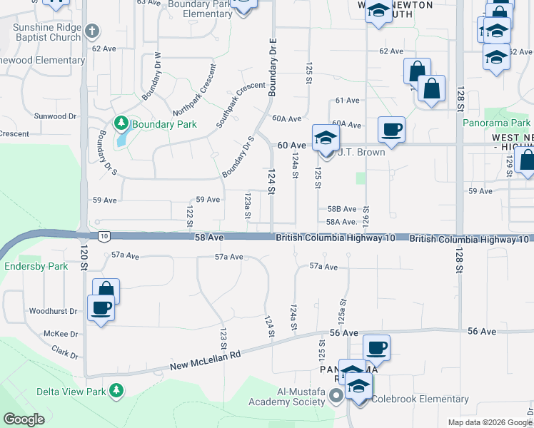 map of restaurants, bars, coffee shops, grocery stores, and more near 5845 124 Street in Surrey