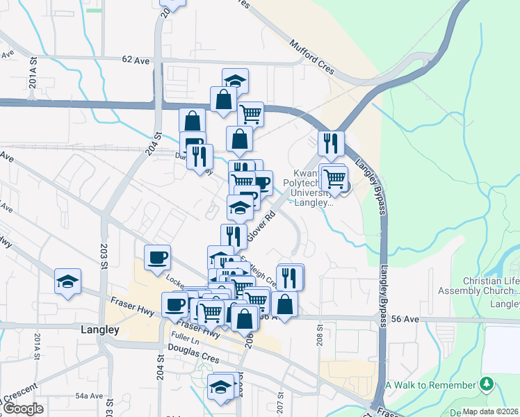 map of restaurants, bars, coffee shops, grocery stores, and more near in Langley