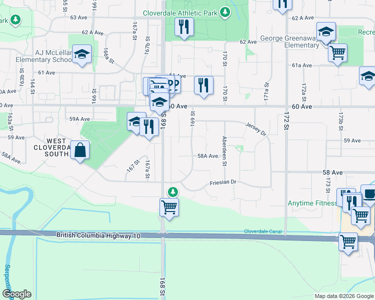 map of restaurants, bars, coffee shops, grocery stores, and more near 5865 169 Street in Surrey