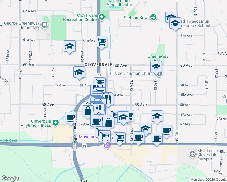 map of restaurants, bars, coffee shops, grocery stores, and more near in Surrey