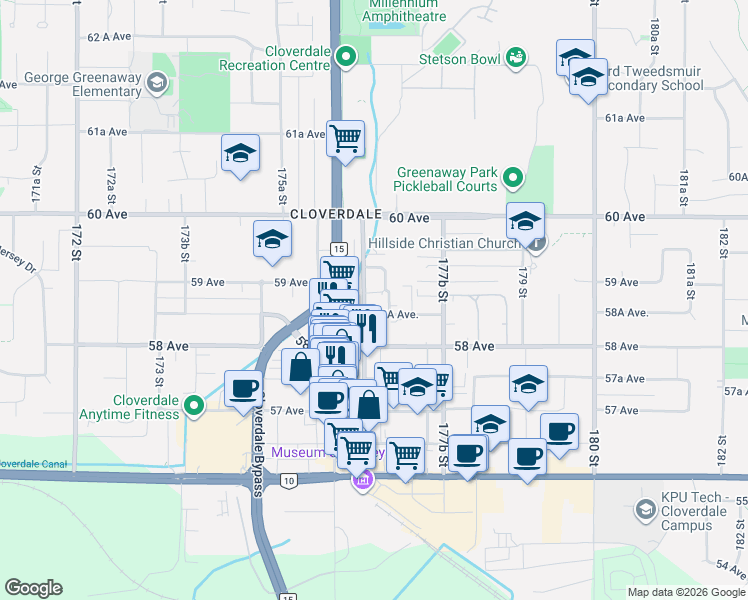 map of restaurants, bars, coffee shops, grocery stores, and more near in Surrey
