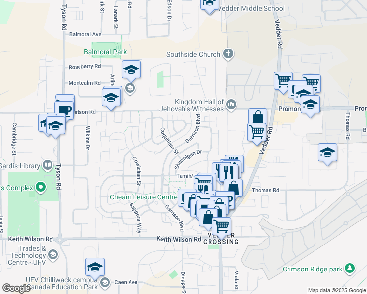 map of restaurants, bars, coffee shops, grocery stores, and more near 5878 Garrison Boulevard in Chilliwack