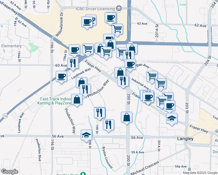 map of restaurants, bars, coffee shops, grocery stores, and more near 5850 Production Way in Langley