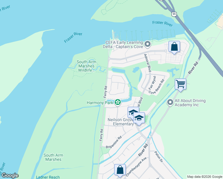 map of restaurants, bars, coffee shops, grocery stores, and more near 5900 Ferry Road in Delta