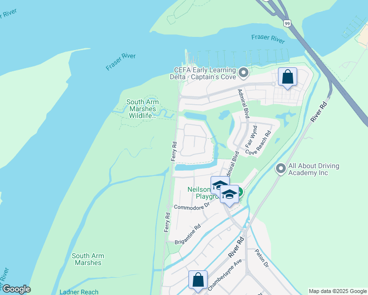 map of restaurants, bars, coffee shops, grocery stores, and more near 5900 Ferry Road in Delta